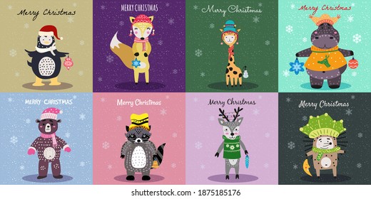 Christmas Animals Card Set cute hippo, fox, bear, hedgehog, raccoon, deer, penguin, giraffe. Hand drawn collection characters illustration vector isolated