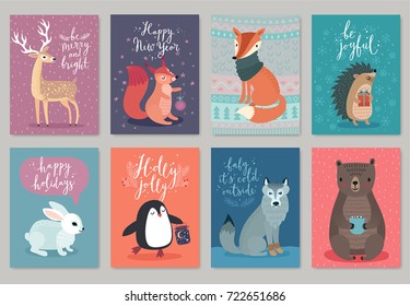 Christmas Animals Card Set, Hand Drawn Style. Vector Illustration.