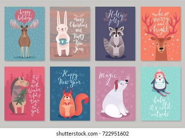 Christmas animals card set, hand drawn style. Vector illustration.