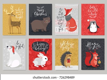 Christmas animals card set, hand drawn style. Vector illustration.