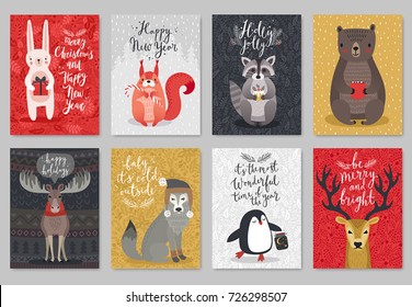 Christmas animals card set, hand drawn style. Vector illustration.