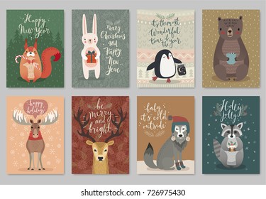 Christmas Animals Card Set, Hand Drawn Style. Vector Illustration.