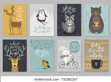 Christmas animals card set, hand drawn style. Vector illustration.