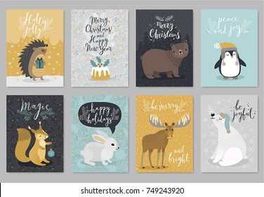 Christmas animals card set, hand drawn style. Vector illustration.