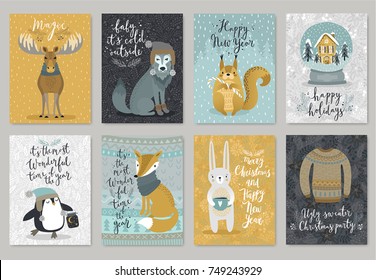 Christmas animals card set, hand drawn style. Vector illustration.