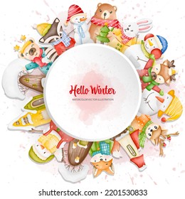 Christmas animals circle background, Watercolor Winter animals, Digital paint watercolor illustration
