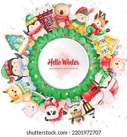 Christmas animals circle background, Watercolor Winter animals, Watercolor illustration
