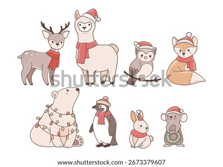 Christmas Animals Collection Vector, Christmas Friends, Festive Woodland Animals and Arctic Animals Hand Drawn Design