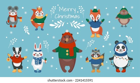 Christmas animals. Cute snow winter. Holiday celebration card. Doodle bear and deer. Xmas forest mammals. Hand drawn snowman and tree. Funny fox in warm hat. Vector tidy illustration