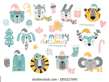 Christmas animals, decorations, xmas elements and symbols isolated on white background. Christmas scandinavian collection. Vector illustration.
