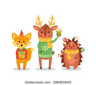 Christmas Animals Fox, Reindeer and Hedgehog Waving Hands, Cartoon Funny Characters Wear Sweaters, Hats and Scarves Holding Xmas Gifts Celebrate Winter Holidays. Isolated Vector Illustration