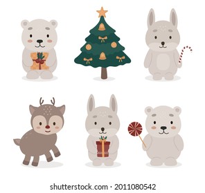 Christmas animals with gift box. Scandinavian Bear, rabbit, hare, deer, lollipop, candy. Christmas tree with Christmas decorations (star, ribbon, christmas ball, bell). New Year 2022.
