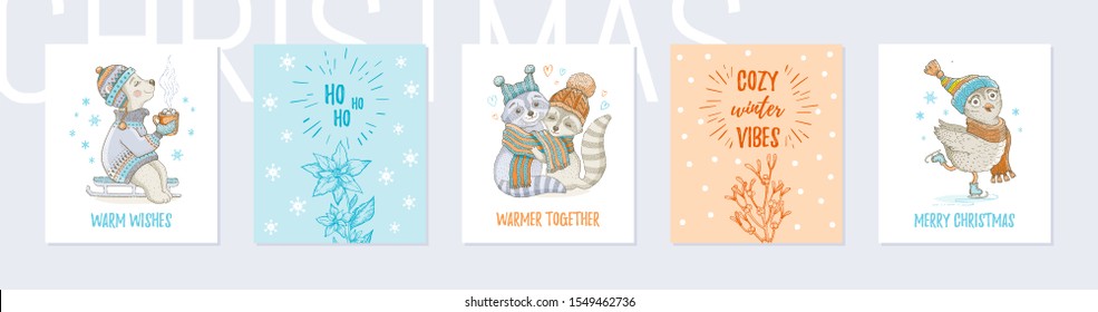 Christmas animals greeting card set. Cute poster with doodle sketch bear, raccoon, owl, poinsettia flower, omela tree branch with qote slogan. Woodland vector illustration isolated on white background