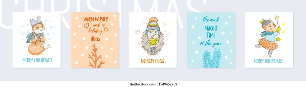 Christmas animals greeting cards set. Cute poster with doodle sketch fox, hadgehog, pig, fir tree branch with qote slogan. Watercolor winter woodland, vector illustration isolated on white background