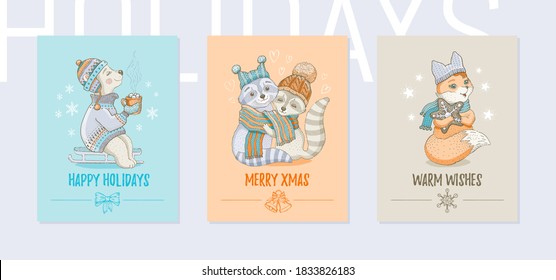 Christmas animals greeting cards set. Cute poster with doodle sketch fox, polar bear, raccoon couple. Watercolor winter woodland, vector illustration isolated on white background