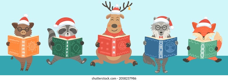 Christmas. Animals in christmas hat read books. Children's xmas vector illustration. Kids' library concept. Storytime.