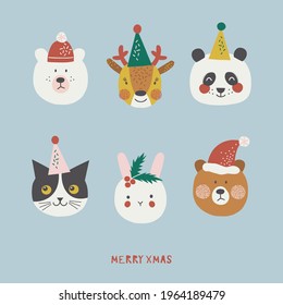 Christmas animals heads vector clipart set. Holly Cute Bunny Cat Bear Panda Dear faces Xmas icons for kids. Seasonal winter holidays animalistic graphic design 