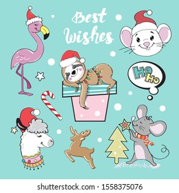 Christmas animals, llama, rat mouse, sloth and flamingo on a blue background. Christmas and New Year concept