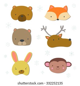 Christmas animals masks and props. Fox, rabbit, deer, monkey, bear.