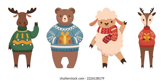 Christmas Animals Moose, Reindeer, Bear and Sheep Waving Hands, Cartoon Funny Characters Wear Sweaters and Scarves Holding Xmas Gifts Celebrate Winter Holidays. Isolated Vector Illustration