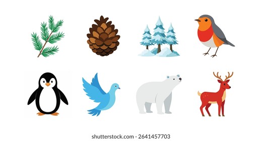 Christmas Animals and Nature Vector Illustration – Cartoon, Clipart and Line Art Design