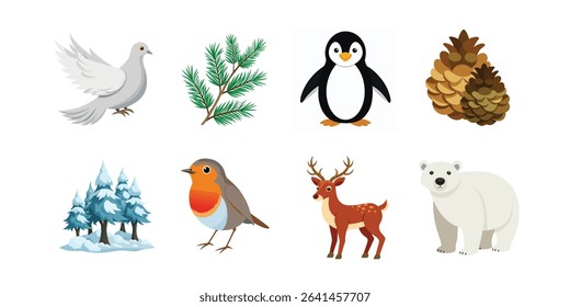 Christmas Animals and Nature Vector Illustration – Cartoon, Clipart and Line Art Design