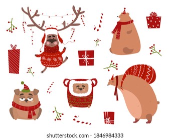 Christmas Animals. New Years Characters in Cartoon style. Holiday Stickers. Deer In Suit, Dog, Bear In A Scarf. Vector stock