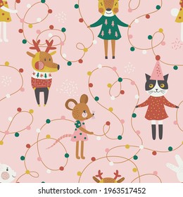 Christmas animals with party lights garland vector seamless pattern. Holly Cute Bunny Cat Mouse Dear Xmas background for kids. Seasonal winter holidays animalistic print design 