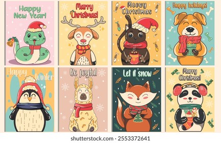 Christmas animals posters in cartoon style. new year, snake, deer, cat, dog, penguin, alpaca, fox, pand. Holiday seasonal vector postcards in retro groovy style. Picture for wall and for printing