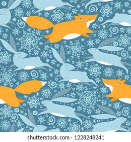 Christmas animals seamless pattern. Happy new year animals gift wrapping paper design.  Foxes, hares, rabbits, snowflakes background.