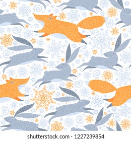Christmas animals seamless pattern. Xmas animal fox, hare, rabbit, snowflakes background. New year decoration, ornament.