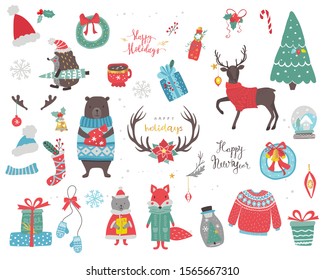 Christmas animals set with characters , christmas tree , snowflakes and gifts . Vector illustration