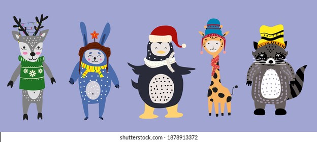 Christmas Animals set cute deer, rabbit, penguin, giraffe with scarf, hat and sweater. Hand drawn collection characters illustration vector isolated