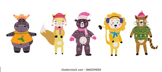 Christmas Animals set cute hippo, fox, bear, cat with scarf, hat and sweater.. Hand drawn collection characters illustration vector isolated