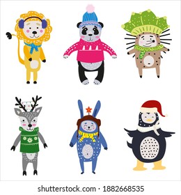 Christmas Animals set cute lion, panda, hedgehog, raccoon, deer, rabbit, penguin. Hand drawn collection characters illustration vector isolated