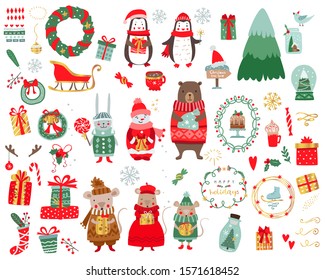 Christmas animals set with gifts and other decor. Vector winter holiday collection. 