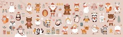 Christmas Animals Set, Hand Drawn Style - Cute Animals, Snowmen, Santa Claus And Other Elements. Vector Illustration.