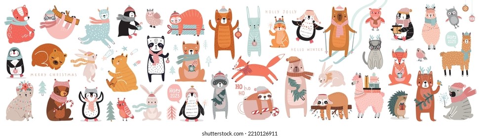 Christmas animals set, hand drawn style, bears, rabbits, sloths, penguins, owls and others. Vector illustration.