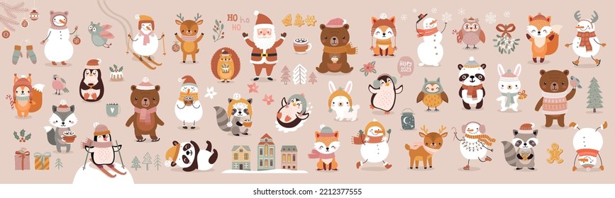 Christmas animals set, hand drawn style - cute animals, snowmen, Santa Claus and other elements. Vector illustration.