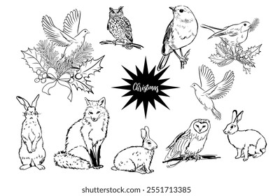 Christmas animals set. Hand drawn ink vector illustration.