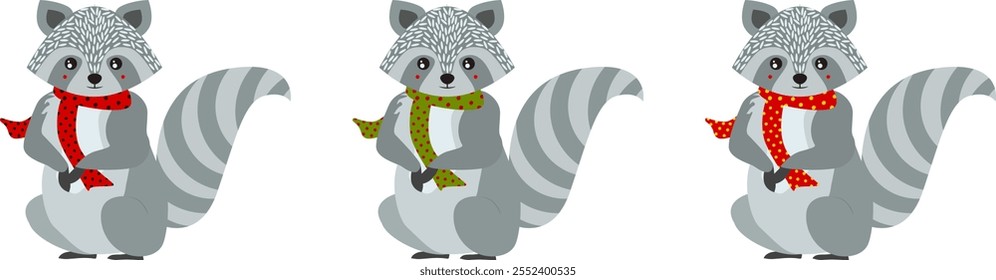 Christmas animals set of vector raccoons with scarf for winter