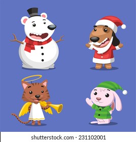 Christmas Animals, snow dog, snow cat, snow rabbit, snow polar bear. Vector illustration cartoon. 