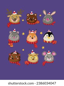 Christmas animals stickers. New Years clipart set hand drawn style - cute bear, mouse, rabbit, holiday, squirrel, deer, penguin.