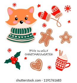 Christmas animals ugly sweater set. Pattern for print design. Christmas print. Christmas background. Vector scandinavian christmas sweater  pattern. Polar fox in sweater. 