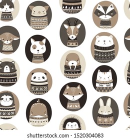 Christmas animals in ugly sweaters. Cute vintage vector seamless pattern in hand drawn scandinavian cartoon style. Monochrome beige palette.