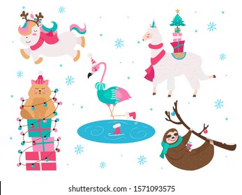 Christmas animals unicorn flamingo cat sloth collection vector illustration. Set of xmas characters wearing cozy and warm sweaters in winter snowy weather flat style design. Happy holidays concept