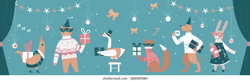 Christmas animals vector illustration. Cartoon funny animal characters wearing scarf, warm sweater and festive dress, holding gifts for celebrating winter holidays party, xmas poster background