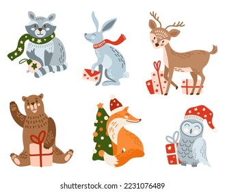 Christmas animals vector illustrations set. Racoon, bear, reindeer, bunny, fox, owl clipart