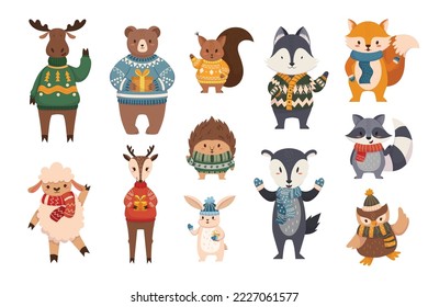 Christmas Animals Waving Hands, Cartoon Characters Fox, Reindeer, Bear and Raccoon with Hedgehog and Owl Wear Funny Winter Sweaters, Hats and Scarves Holding Xmas Gifts. Isolated Vector Illustration