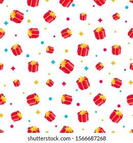 Christmas, anniwersary, birthday seamless pattern. 3d Surprise red present box with confetti on white background. festive isometric gift texture for paper, fabric, decor, wrap. Vector illustration